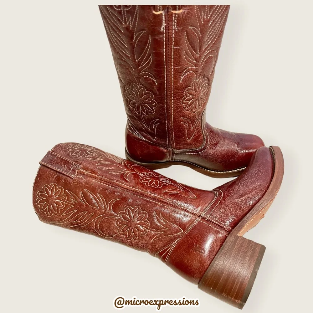 RARE 1960s Frye Vintage Embroider Brown Campus Western Cowboy Floral Stitch Boot